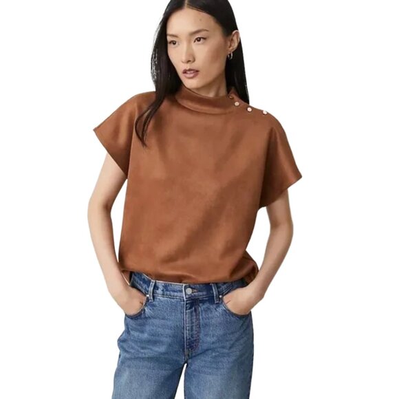 Ann Taylor Faux Suede Shoulder Button Mock Neck Short Sleeve Top | Size M Petite - Picture 1 of 9
